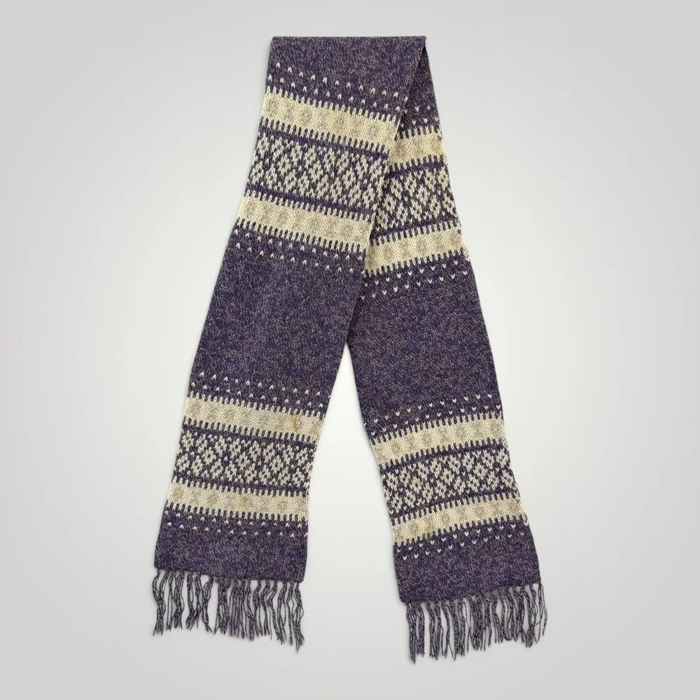 Eastern Mountain Sports Wool Scarf Purple Fair Isle Fringe USA Winter Knit